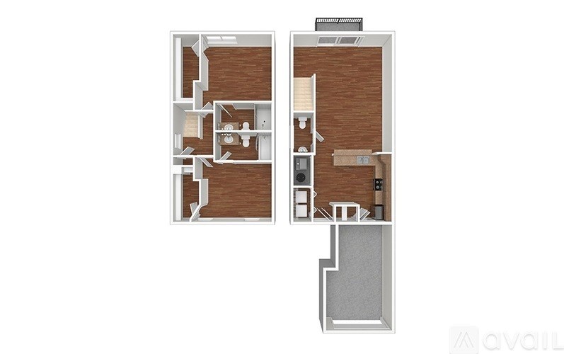 A floor plan of an apartment with a kitchen, living room, and two bedrooms.