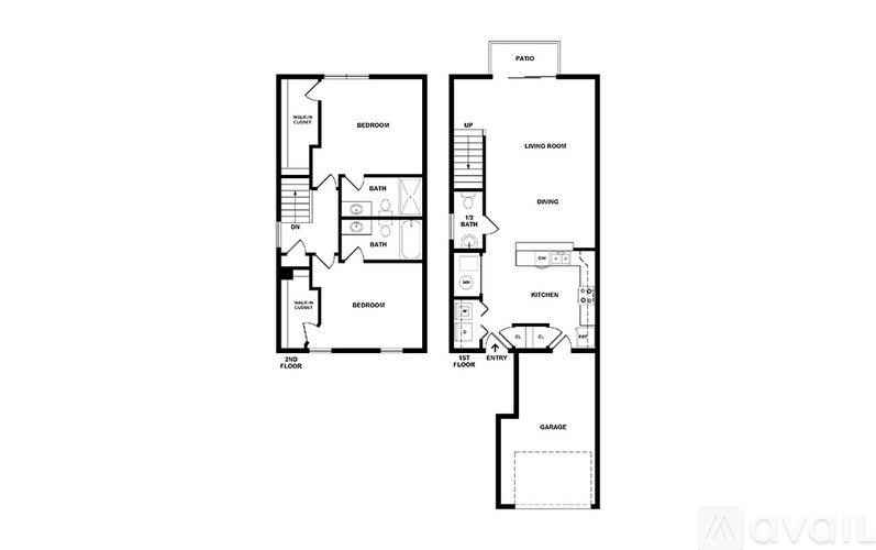 A floor plan of a house with a garage and a landscaped area.