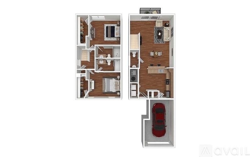A floor plan of an apartment with a kitchen, living room, and bedrooms.