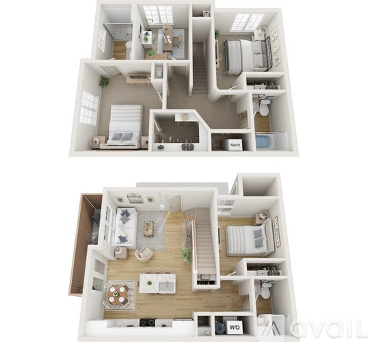 A floor plan of a two-story apartment with a living room, kitchen, and bedrooms.