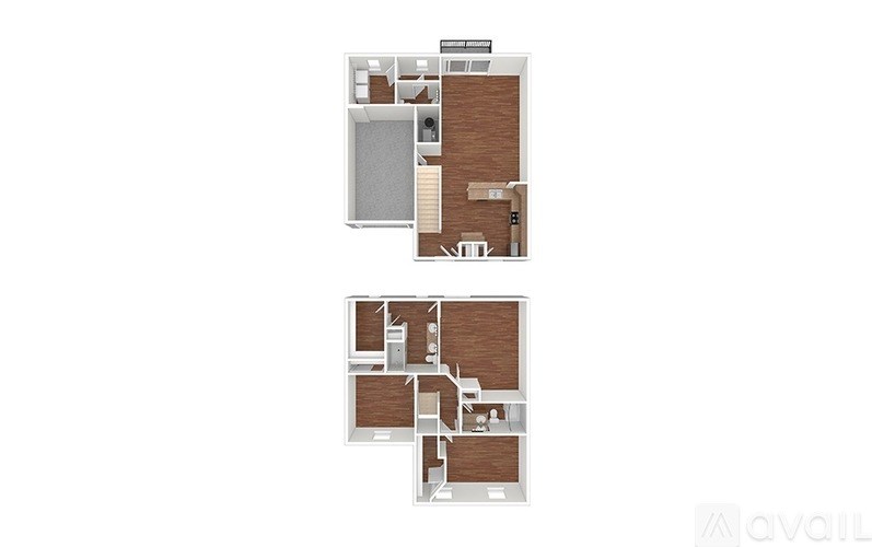 A floor plan of a two-story apartment with a living room, kitchen, and bedrooms.