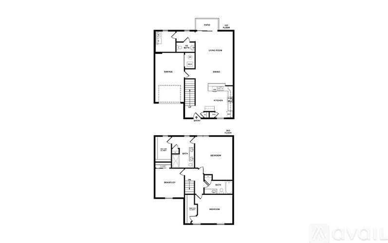 Two floor plans of a house with a kitchen, living room, and bathrooms.