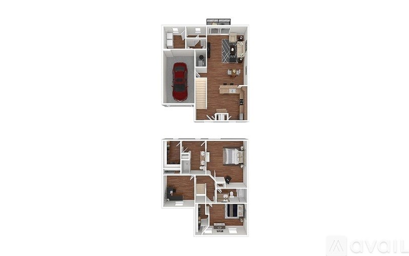 Two floor plan images of a house with a car parked in the driveway.