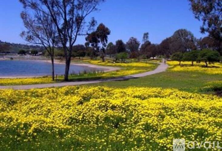 A field of yellow flowers in the foreground with a tree and a lake in the background.