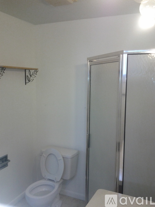 A white toilet in a small bathroom with a glass door.
