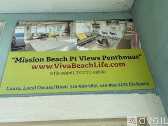 A sign advertising a penthouse for rent at Mission Beach.