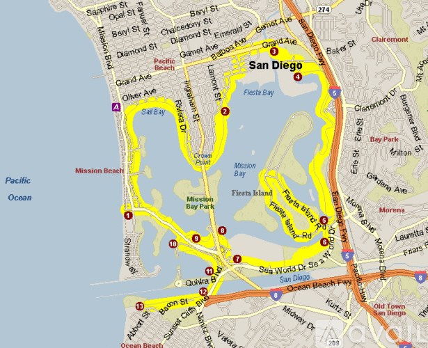A map of San Diego with streets and landmarks labeled.