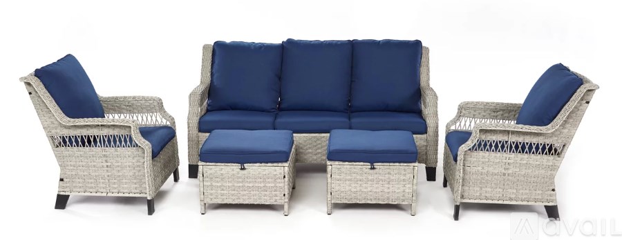 A set of outdoor furniture including a sofa, chair and ottoman.