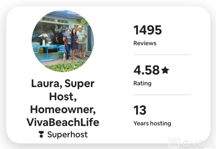 A profile picture of Laura, a super host and homeowner on VivaBeachLife with 1495 reviews and a 4.58 rating.