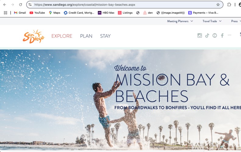 A website header for Mission Bay & Beaches with a person playing in the water.