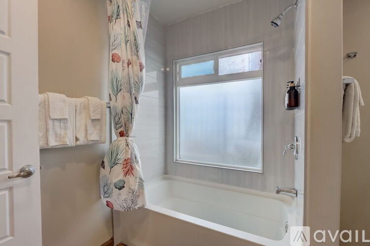 A bathroom with a shower curtain and a window.