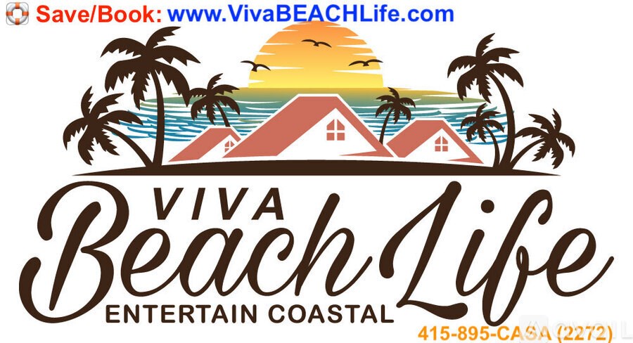 A logo for Viva Beach Life with a sunset and palm trees.