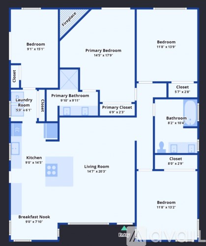 A floor plan of a house with labeled rooms and their dimensions.