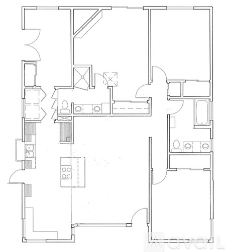 A floor plan of a house with a kitchen, living room, and two bedrooms.