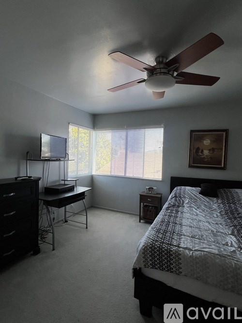 A bedroom with a bed, desk, and ceiling fan.