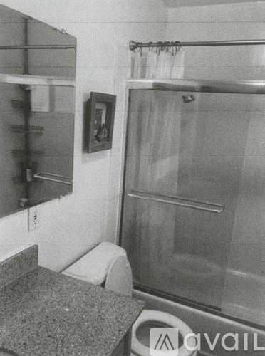 A bathroom with a toilet, sink, and shower.