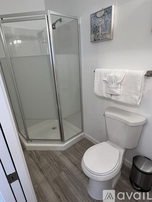 A white toilet in a bathroom with a glass shower door.