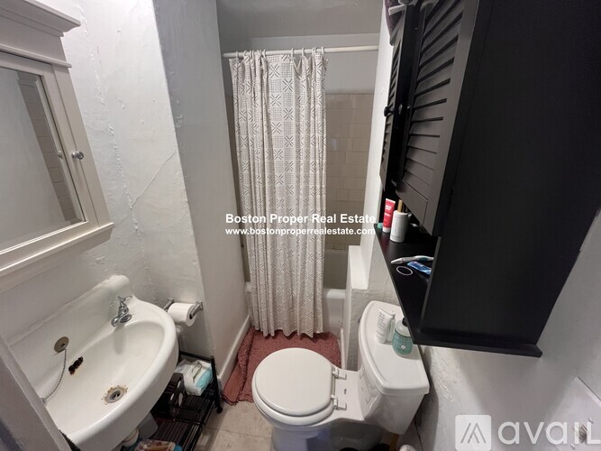 A bathroom with a toilet, sink, and shower curtain.