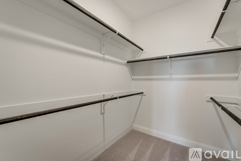 A white walk-in closet with shelves and a carpeted floor.