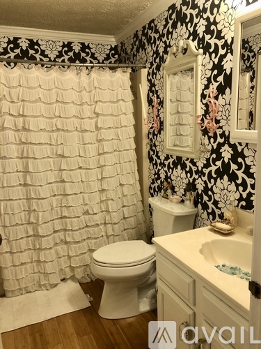 A bathroom with a white toilet, sink, and shower curtain.