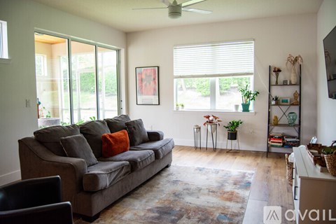 A living room with a grey couch and a rug.