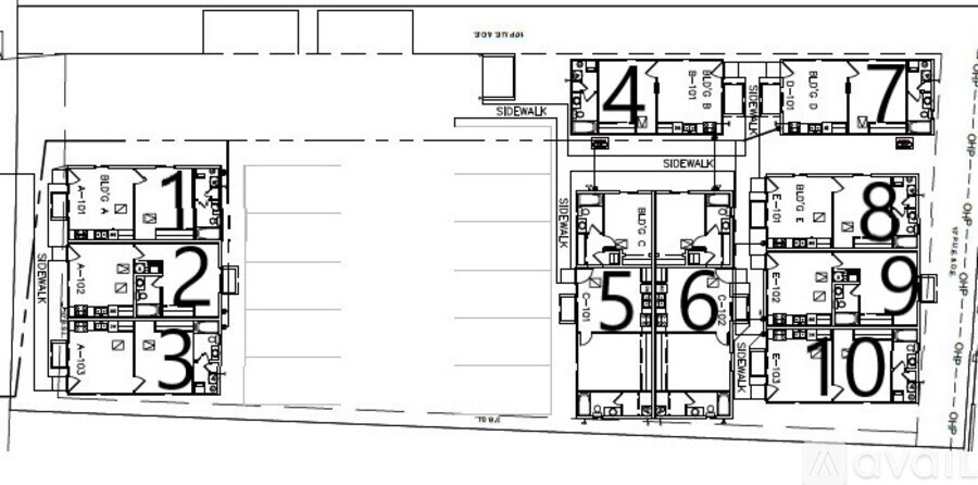 A floor plan of an apartment complex with numbered units.