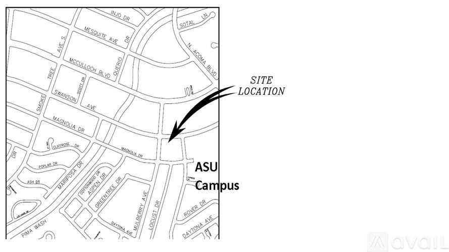 A map with a black arrow pointing to the ASU Campus.