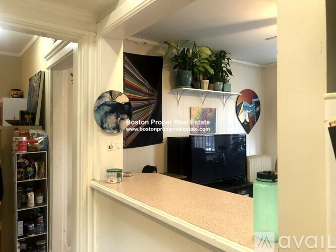 A room with a counter and a plant on top of it.