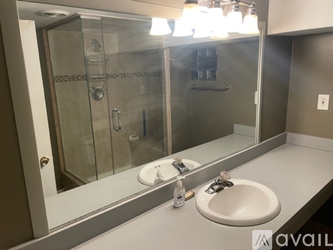 A bathroom with a sink, mirror, and shower.