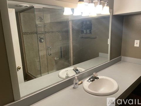 A bathroom with a sink, mirror, and shower.
