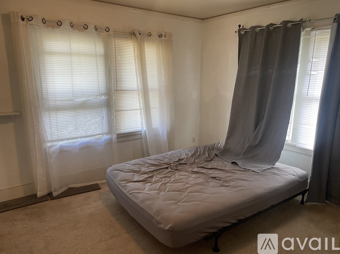 A bedroom with a bed, two windows with curtains, and a carpeted floor.