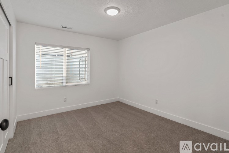 A room with a window covered by white blinds and a carpeted floor.