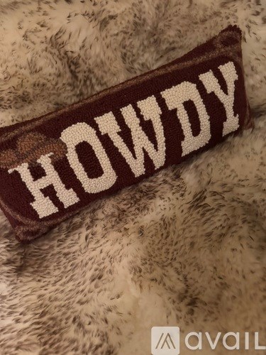 A brown and white patch with the word "HOWDY" on it.