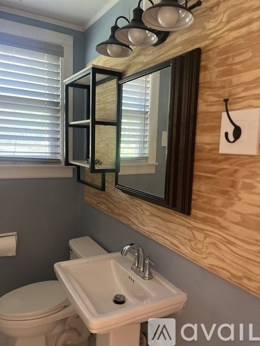 A bathroom with a toilet, sink, mirror, and light fixture.