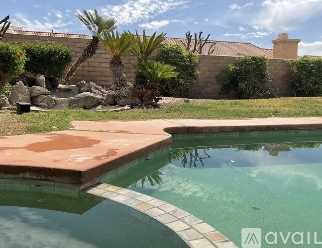 A pool surrounded by a stone wall and green plants.