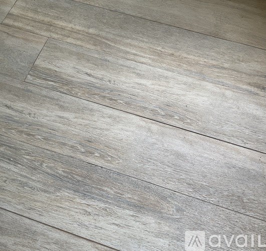 A wooden floor with plank design and grey tone.