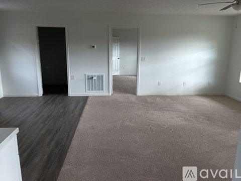 A room with a carpeted floor and a ceiling fan.