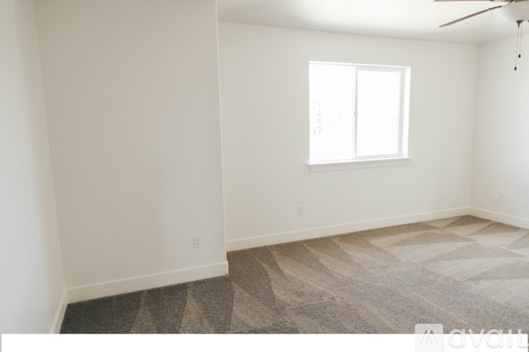 A room with a carpeted floor and a window.