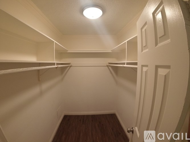 A small, empty walk-in closet with a light on the ceiling.