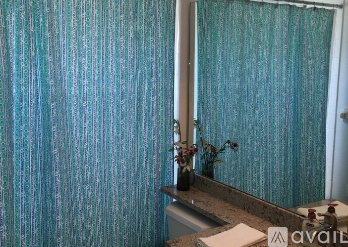 A bathroom with a blue shower curtain and a white towel on the counter.