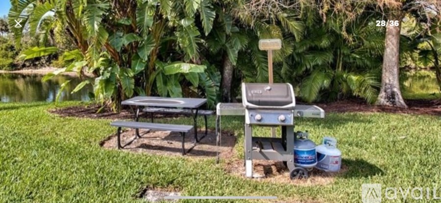 A picnic table and grill set up in a grassy area near a body of water.