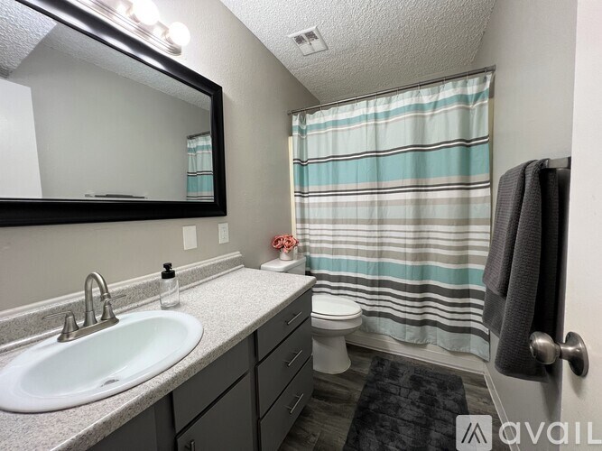 A bathroom with a sink, toilet, and shower curtain.