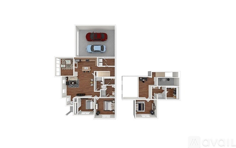 A floor plan of an apartment with two bedrooms, a living room, a kitchen, and a bathroom.