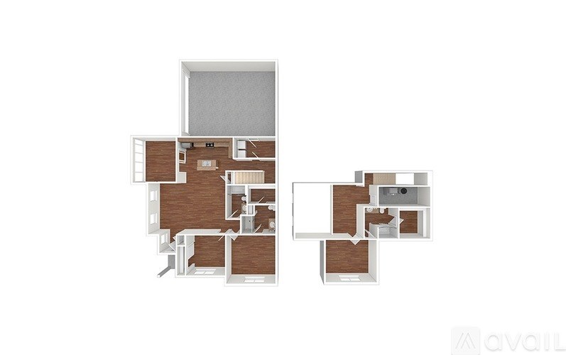 A floor plan of a house with a kitchen, living room, and two bedrooms.