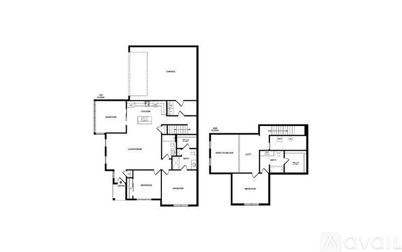 A floor plan of an apartment with two bedrooms, a living room, a kitchen, and a bathroom.