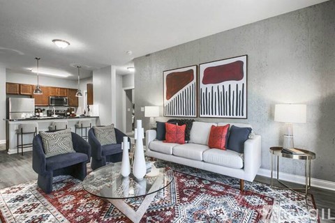 A living room with a white couch and a rug.