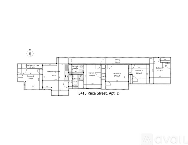 A drawing of a floor plan for an apartment at 3413 Race Street.