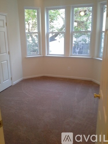 A room with a carpeted floor and a large window.