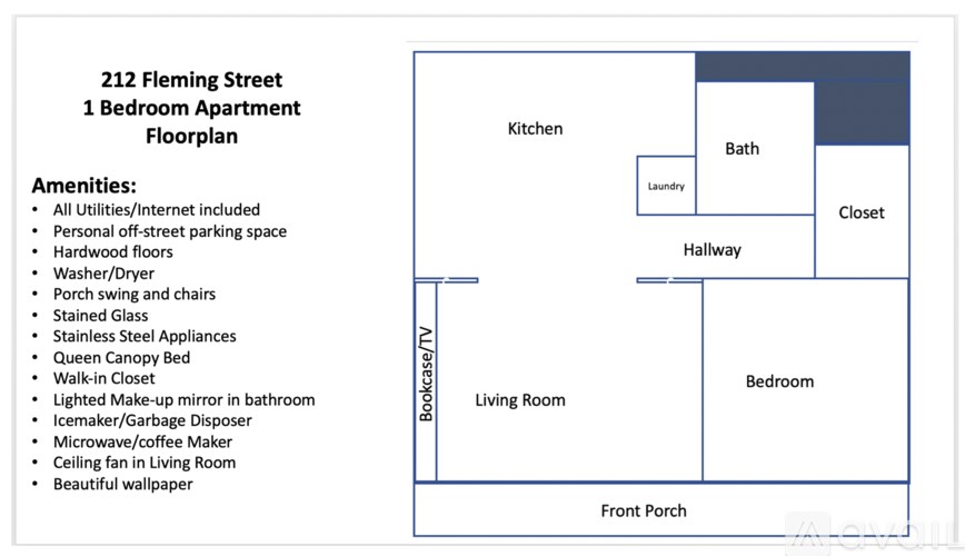 A floor plan for a 1 bedroom apartment at 212 Fleming Street.