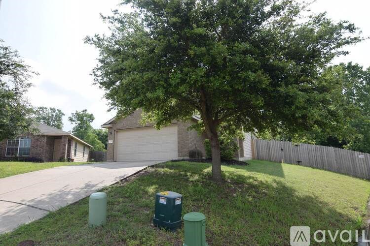 A tree in front of a house with a garage door.